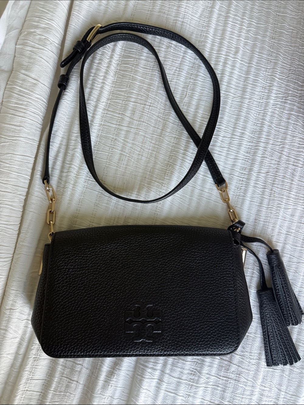 Tory Burch Black Pebbled Leather Crossbody with Tassel Charm
